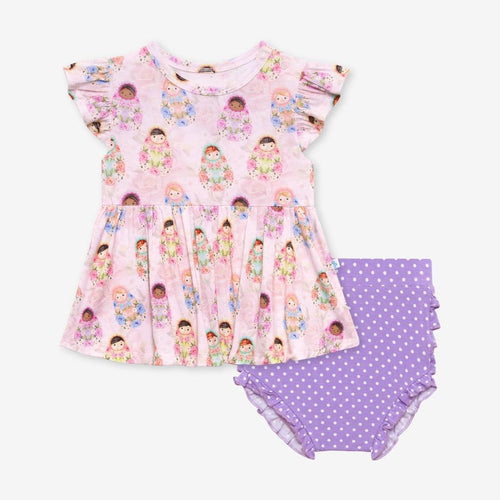 Matryoshka Pink Ruffled Cap Sleeve Peplum Ruffled Bummie Set