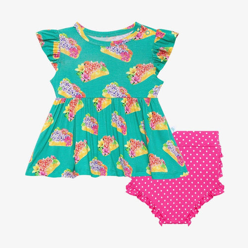 Flower printed Valentina Ruffled Cap Sleeve Peplum Ruffled Bummie Set