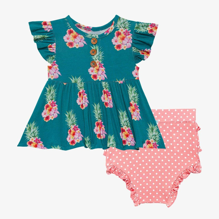 Ananans Ruffled Cap Sleeve Henley Peplum Ruffled Bummie Set