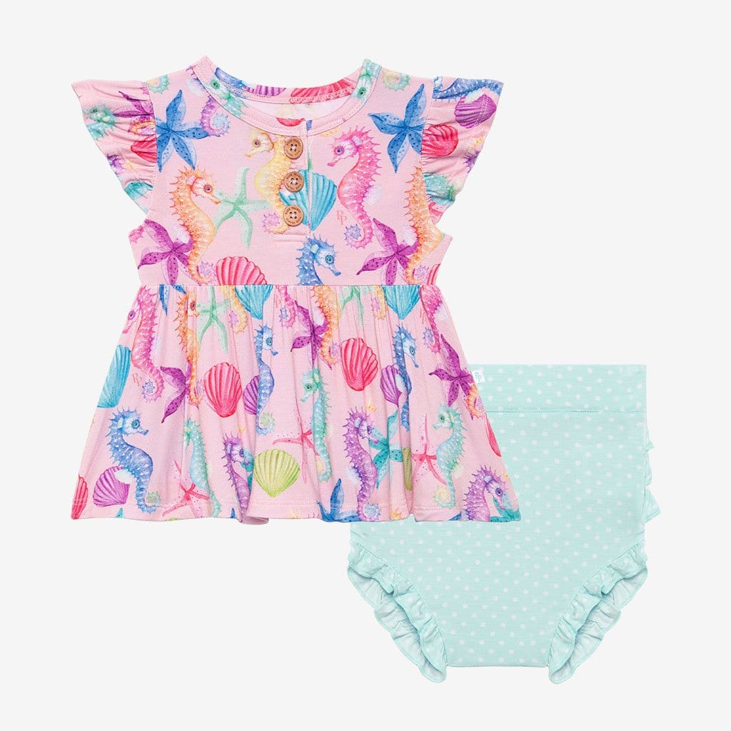 Coral Ruffled Cap Sleeve Henley Peplum Ruffled Bummie Set