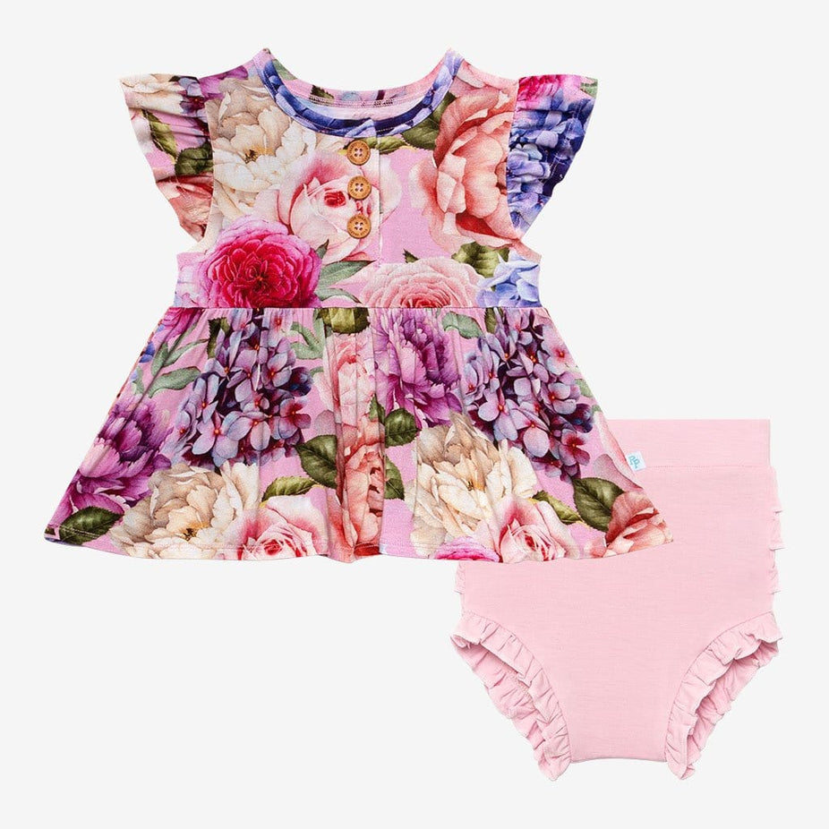 Georgette Ruffled Cap Sleeve Henley Peplum Ruffled Bummie Set in floral print
