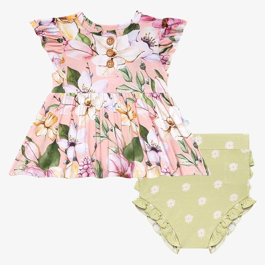 Margot Ruffled Cap Sleeve Henley Peplum Ruffled Bummie Set Front