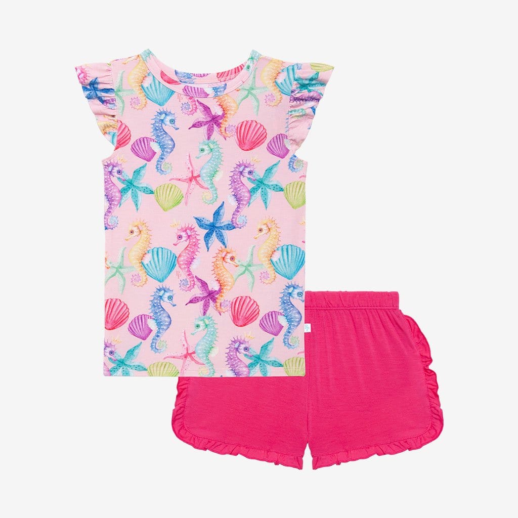 Coral Ruffled Cap Sleeve Top Ruffled Short Set