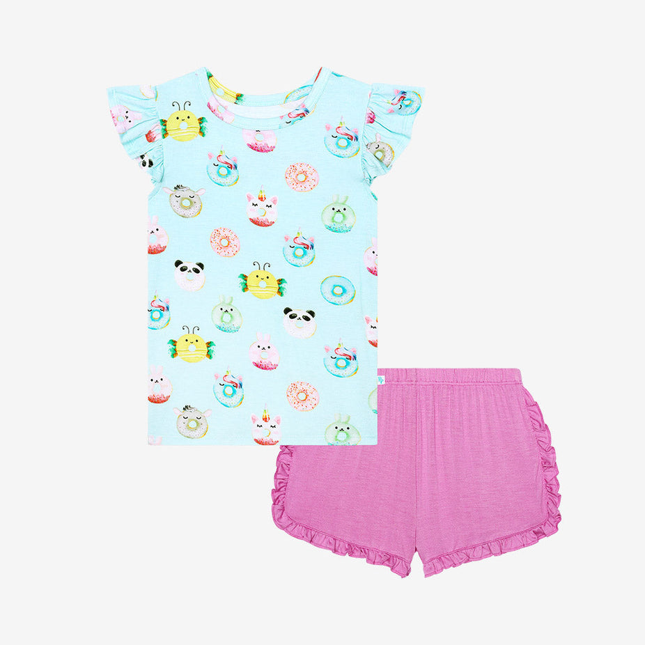 Donuts Ruffled Cap Sleeve Top Ruffled Short Set