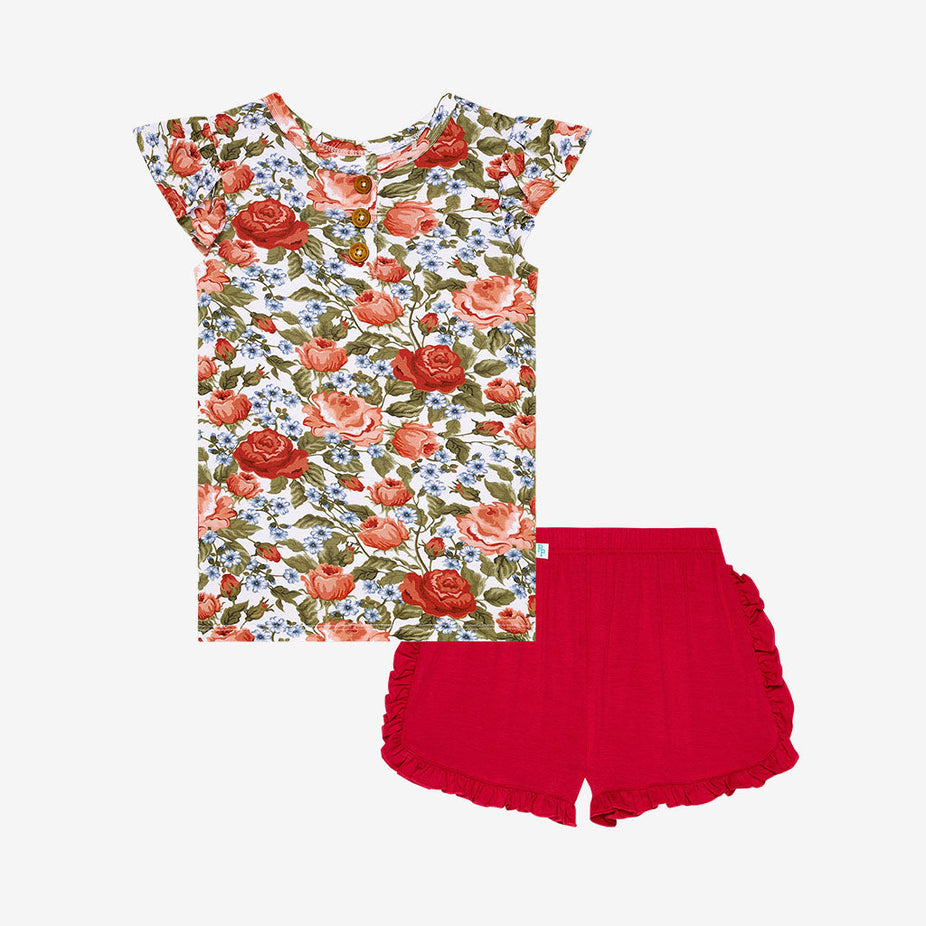 Alma Ruffled Cap Sleeve Henley Top Ruffled Short Set