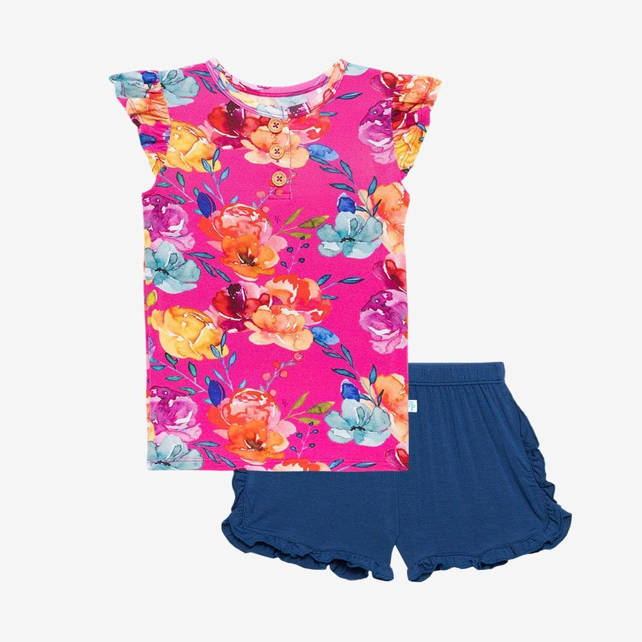 Aminatu Ruffled Cap Sleeve Henley Top Ruffled Short Set