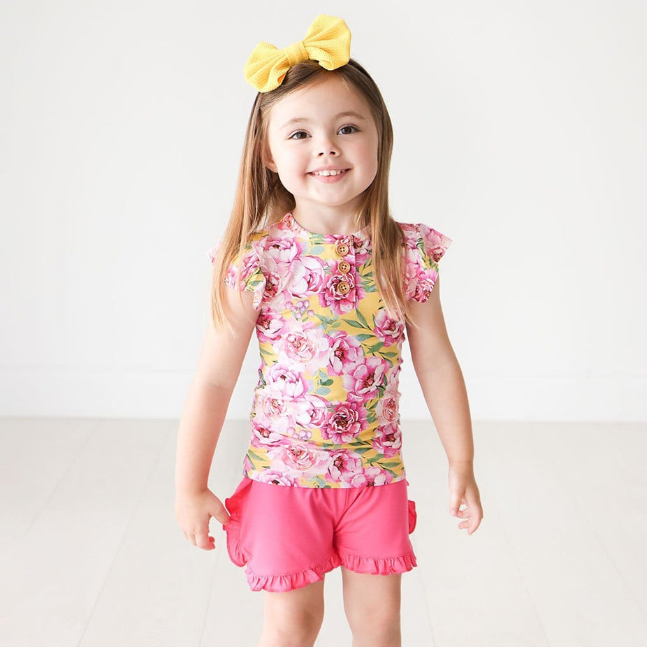 Elody Ruffled Cap Sleeve Henley Top Ruffled Short Set