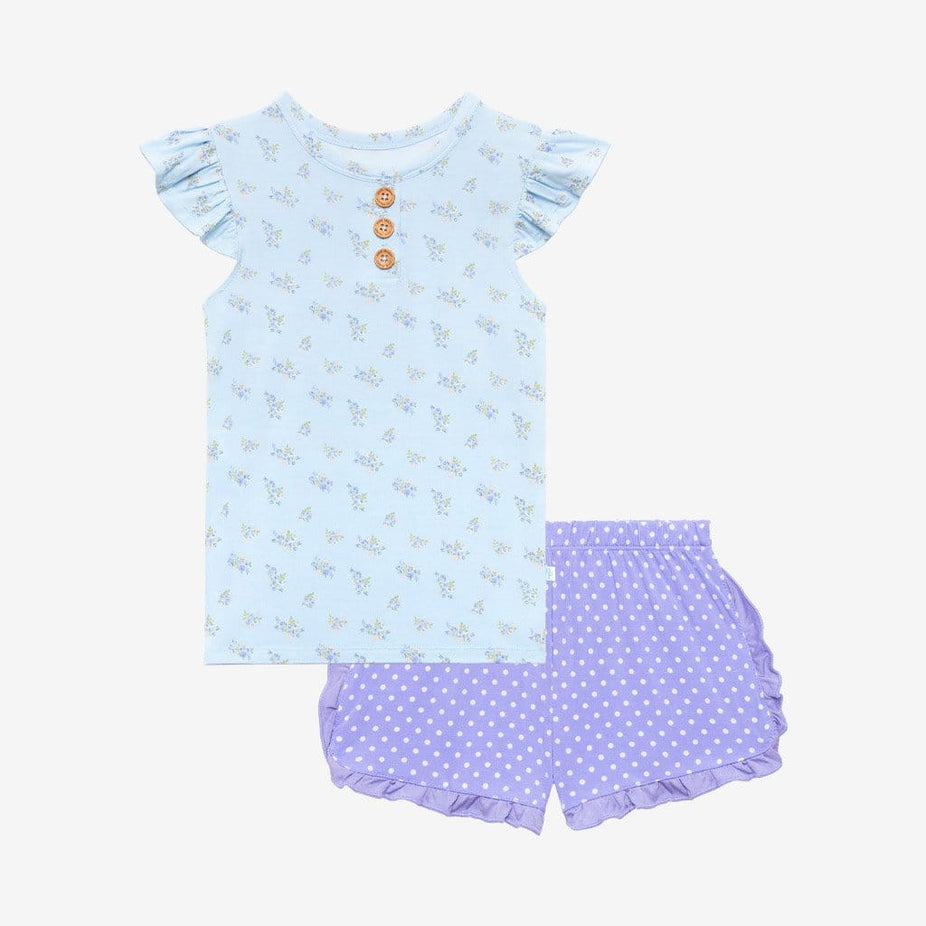 Grace Ruffled Cap Sleeve Henley Top Ruffled Short Set