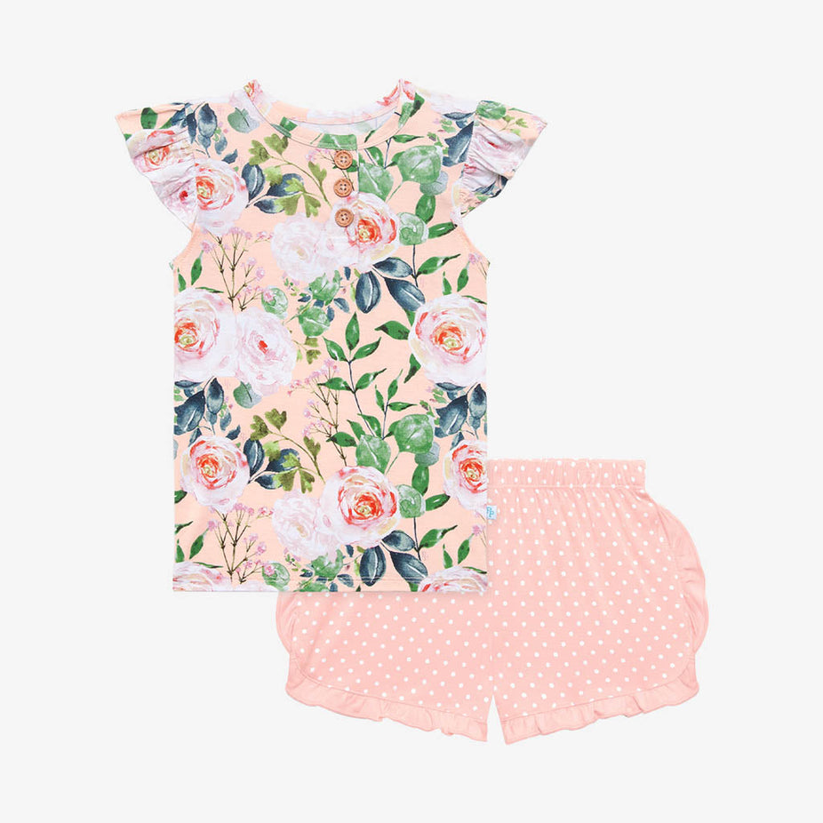 Harper Ruffled Cap Sleeve Henley Top Ruffled Short Set
