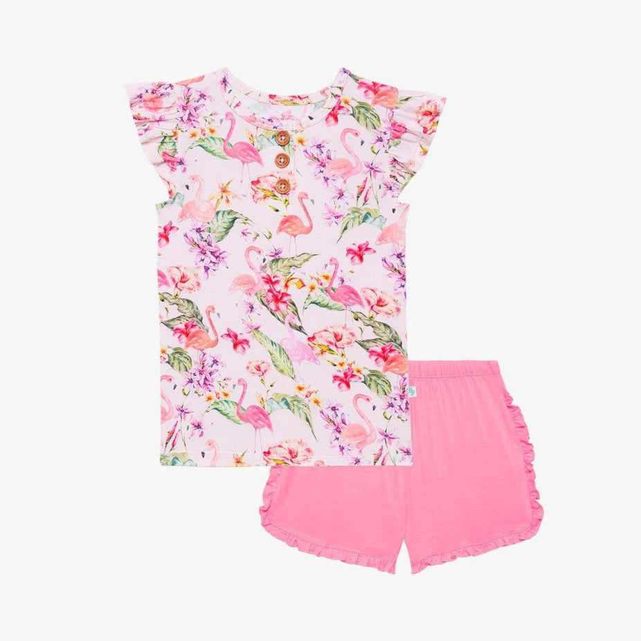 Leilani Ruffled Cap Sleeve Henley Top Ruffled Short Set