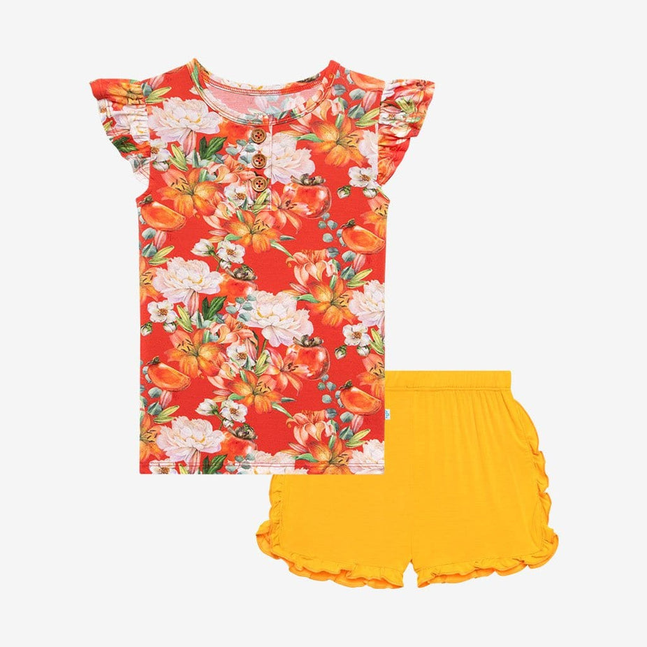 Paulina Ruffled Cap Sleeve Henley Top Ruffled Short Set