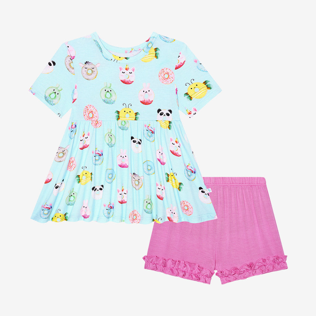 Donuts Short Sleeve Peplum Ruffled Short Set