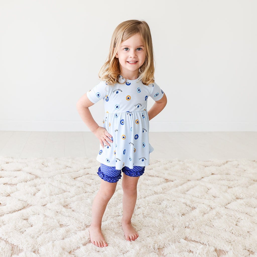 Toddler wearing Evil Eye Short Sleeve Peplum Ruffled Short Set
