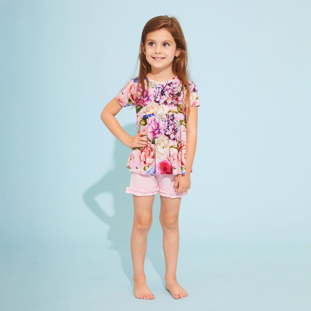 Toddler wearing Georgette Short Sleeve Peplum Ruffled Short Set