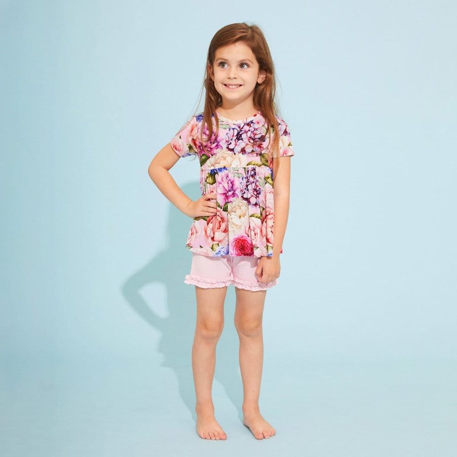 Toddler wearing Georgette Short Sleeve Peplum Ruffled Short Set