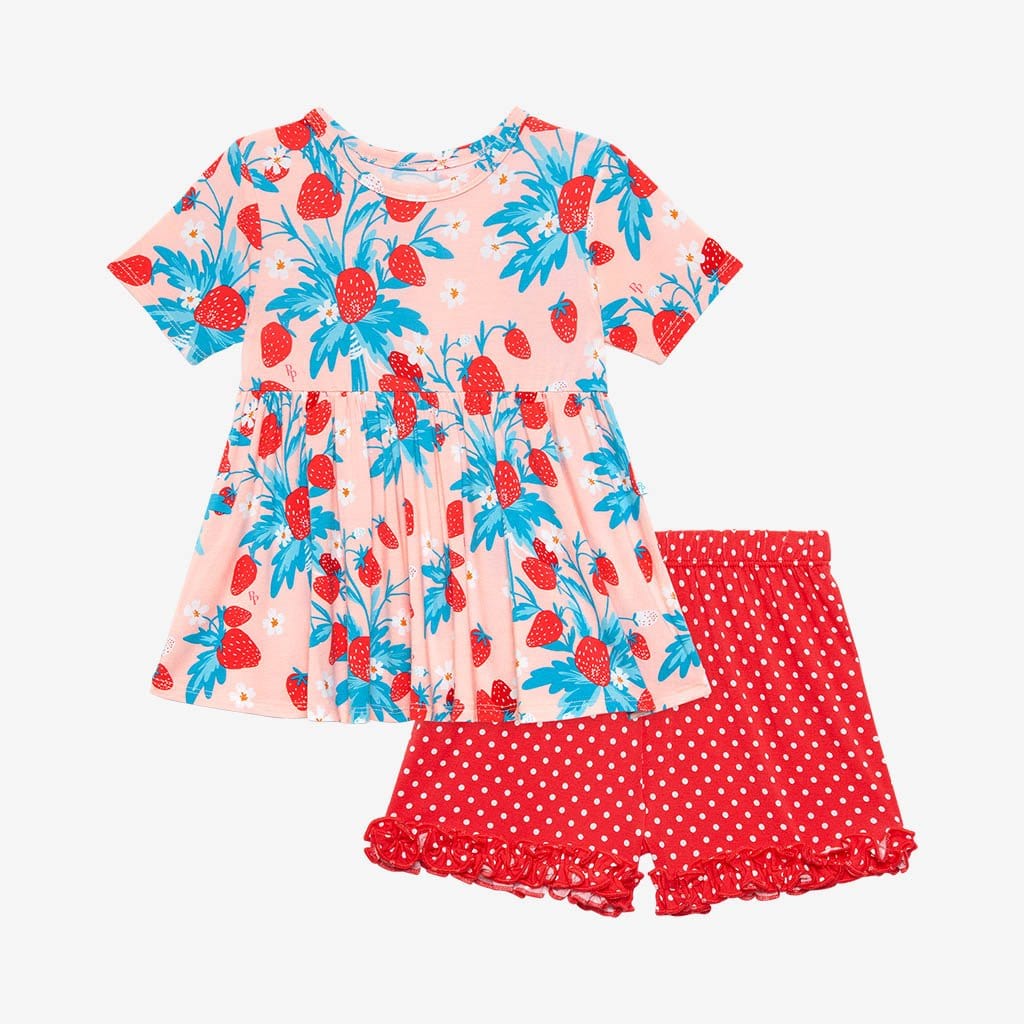 Strawberry Short Sleeve Peplum Ruffled Short Set