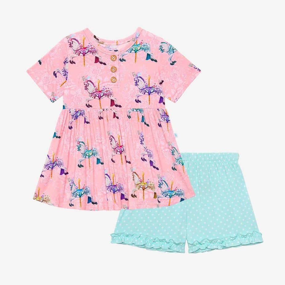 Claudine Short Sleeve Henley Peplum Ruffled Short Set