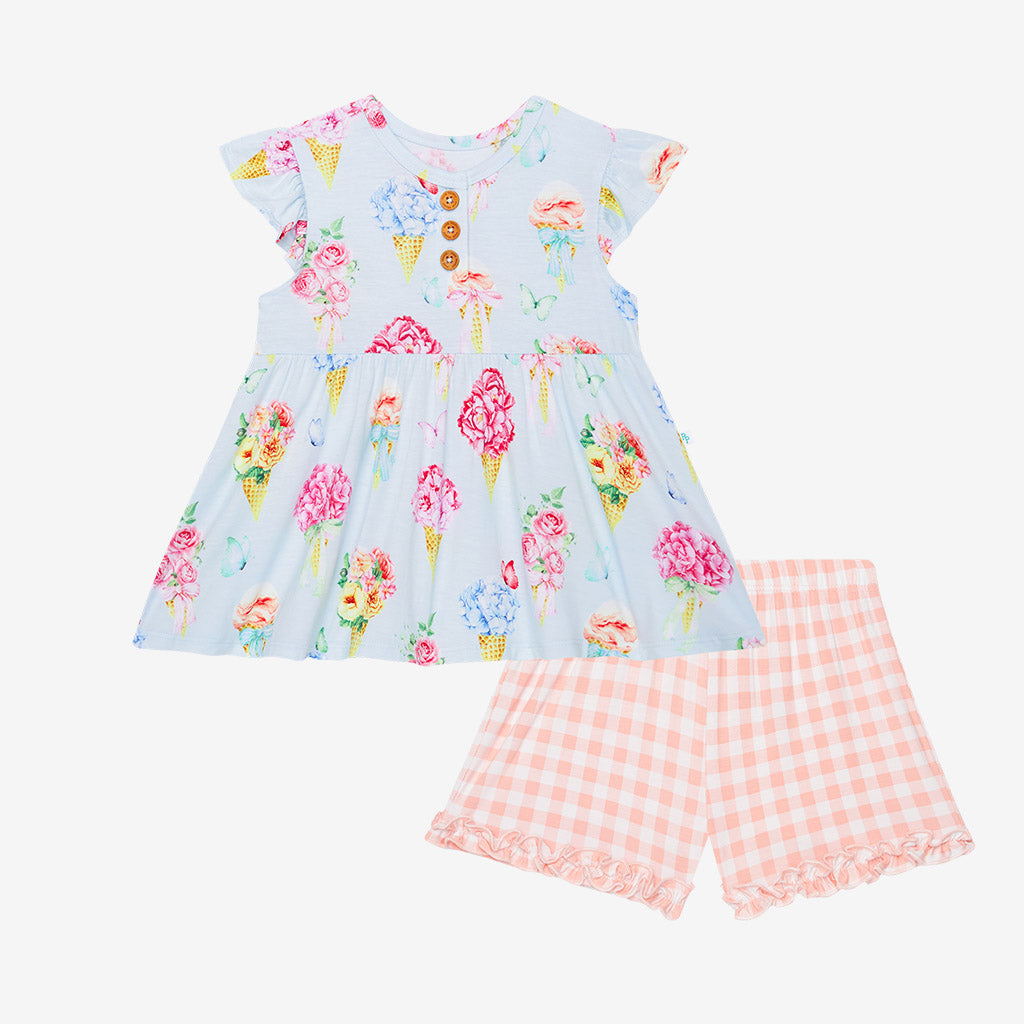 Camille Short Sleeve Henley Peplum Ruffled Short Set