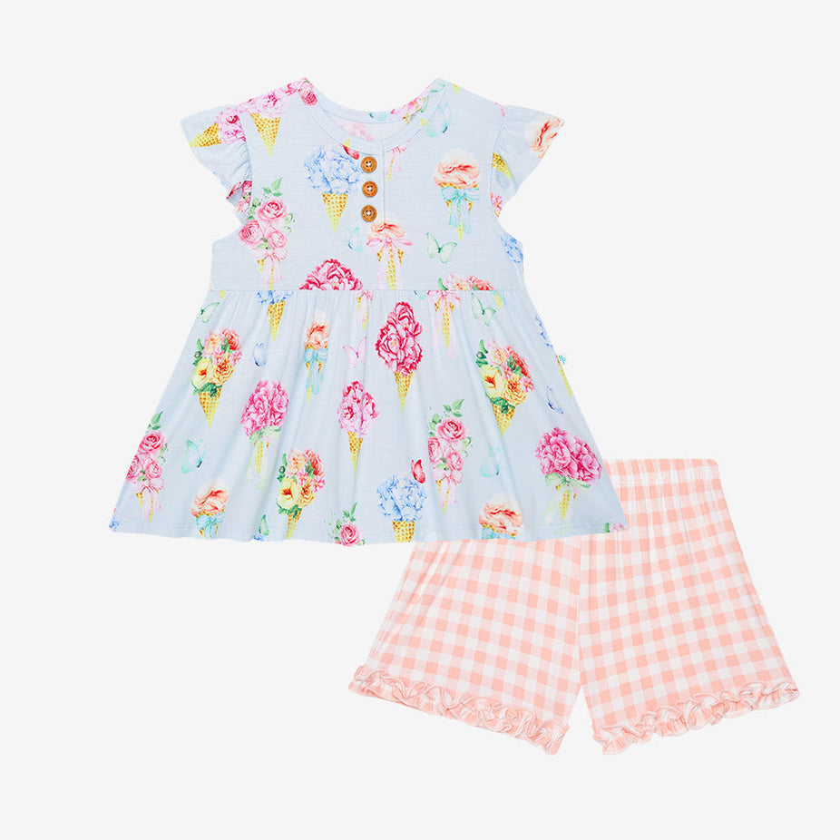 Camille Short Sleeve Henley Peplum Ruffled Short Set
