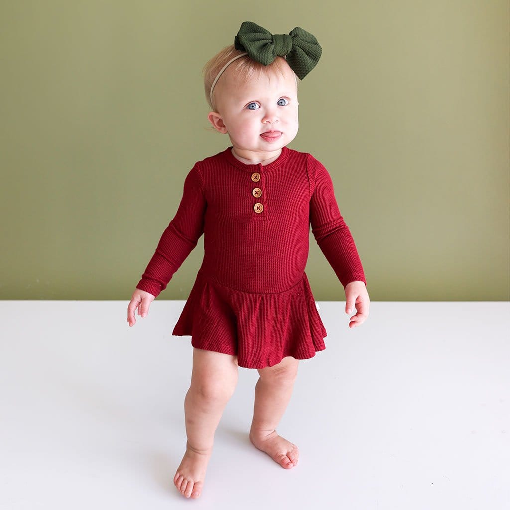 Bordeaux Waffle Long Sleeve Henley Twirl Skirt Bodysuit