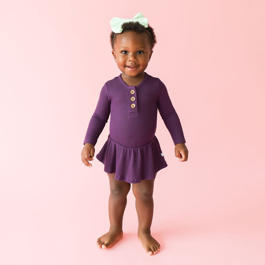 Baby Girl in Posh Peanut Plum Waffle Knit Twirl Skirt Bodysuit