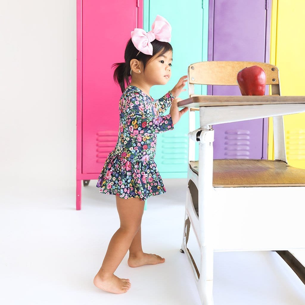 Baby wearing Scarlet Long Sleeve Henley Twirl Skirt Bodysuit