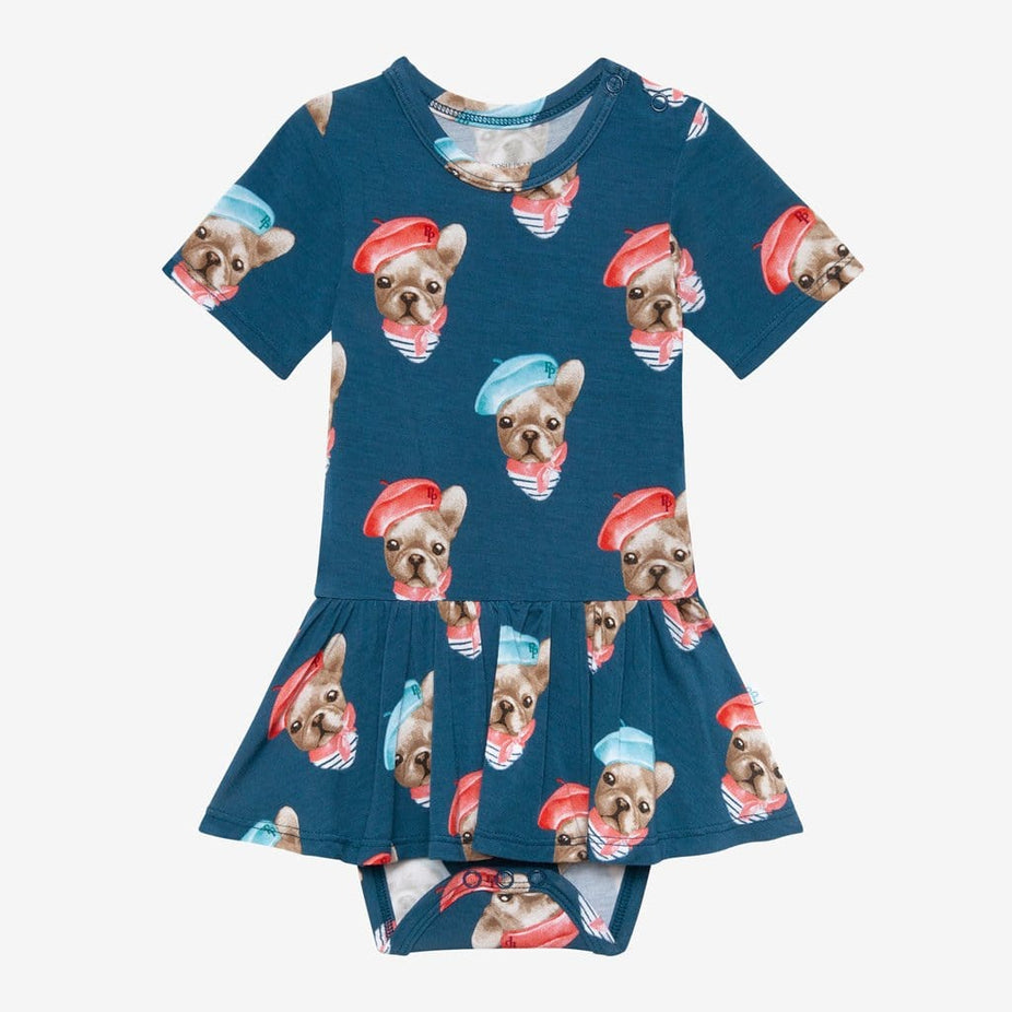 Blue Dog Print Frenchie Short Sleeve Twirl Skirt Bodysuit