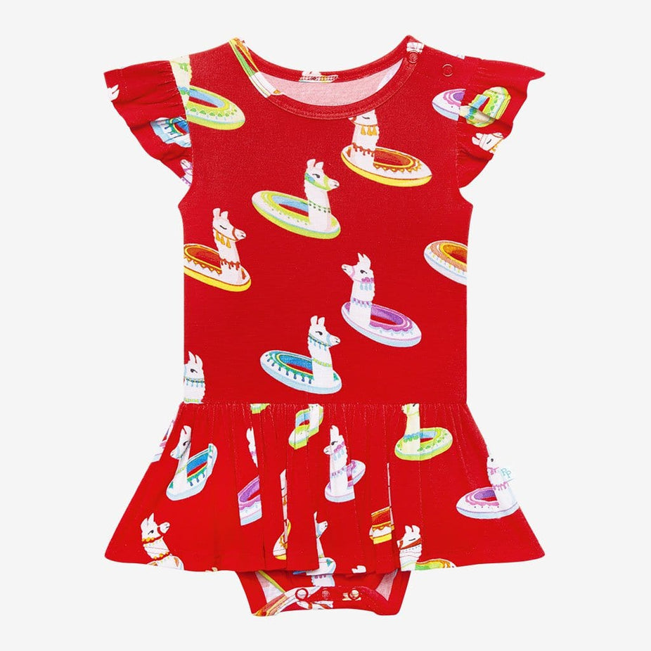 Emilio Ruffled Cap Sleeve Twirl Skirt Bodysuit in red print