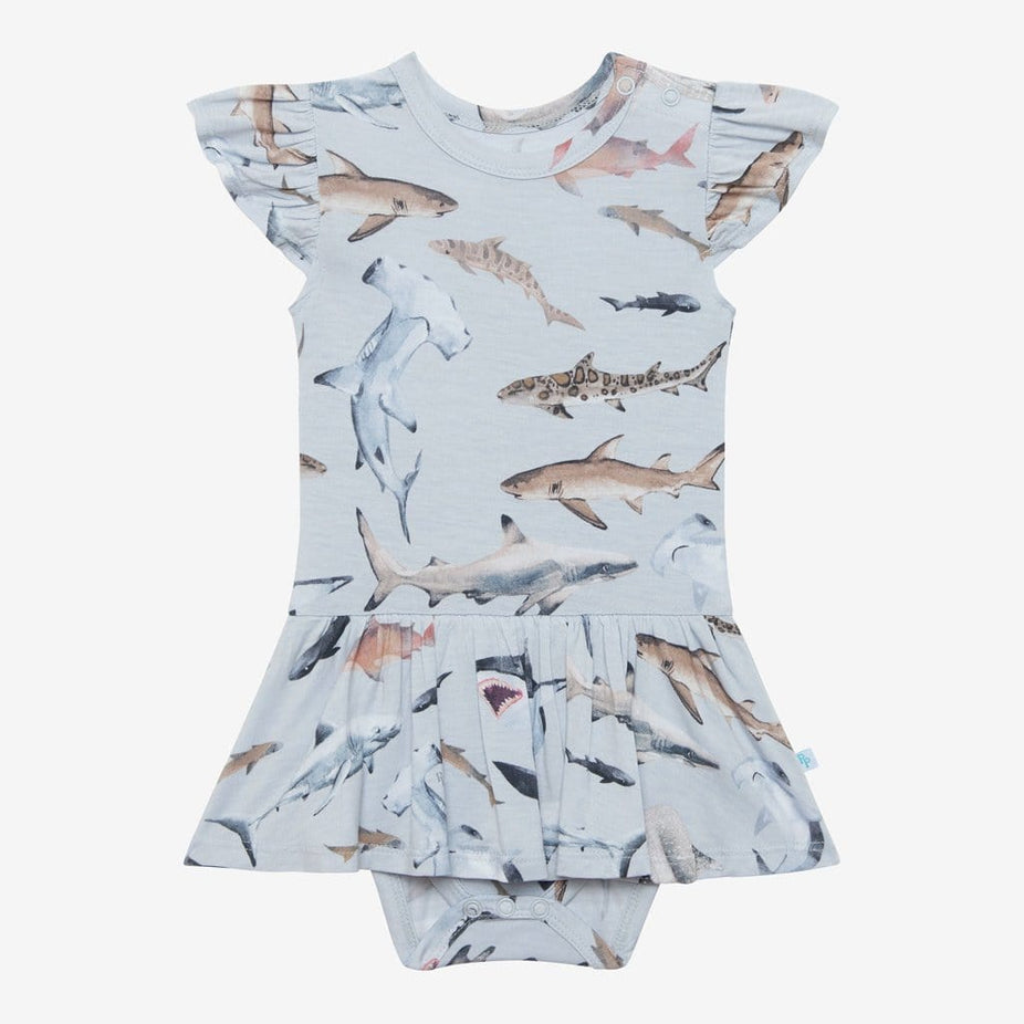 Maverick Ruffled Cap Sleeve Twirl Skirt Bodysuit in shark print