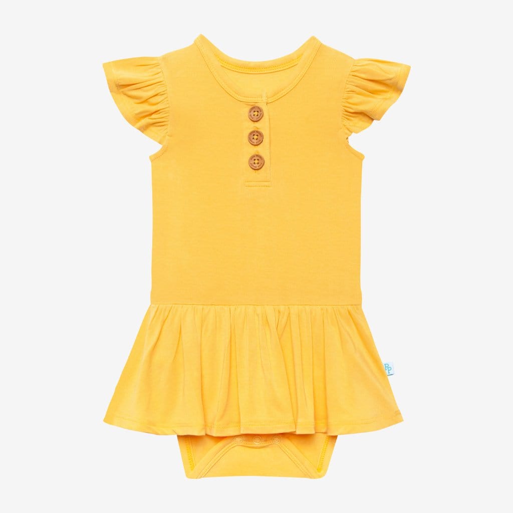 Banana Cream Ruffled Cap Sleeve Henley Twirl Skirt Bodysuit