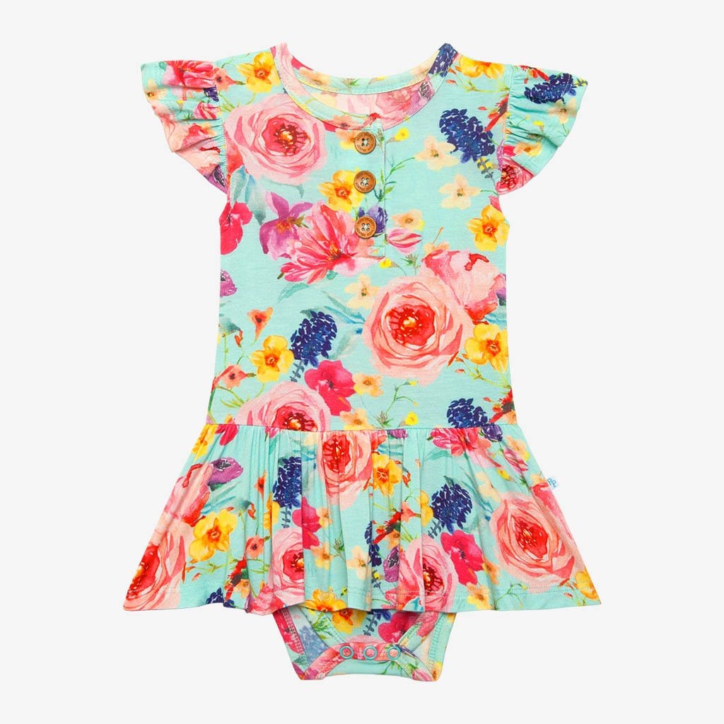 Olivia Mae Ruffled Cap Sleeve Henley Twirl Skirt Bodysuit