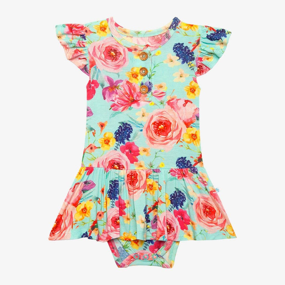 Olivia Mae Ruffled Cap Sleeve Henley Twirl Skirt Bodysuit
