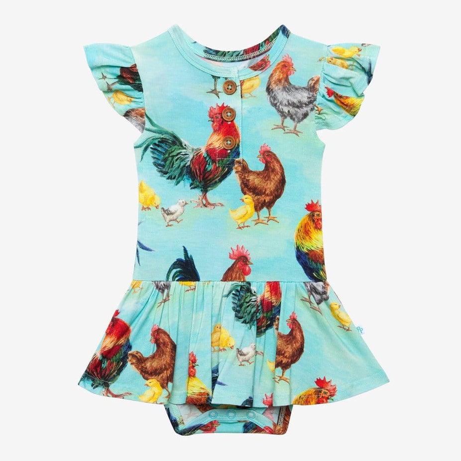 Rhett Ruffled Cap Sleeve Henley Twirl Skirt Bodysuit in chicken print