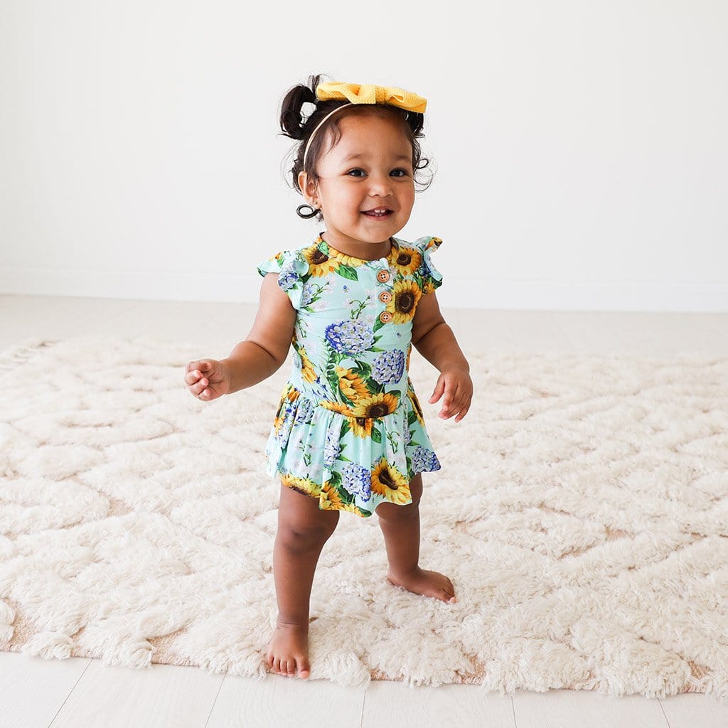 Sunny Ruffled Cap Sleeve Henley Twirl Skirt Bodysuit