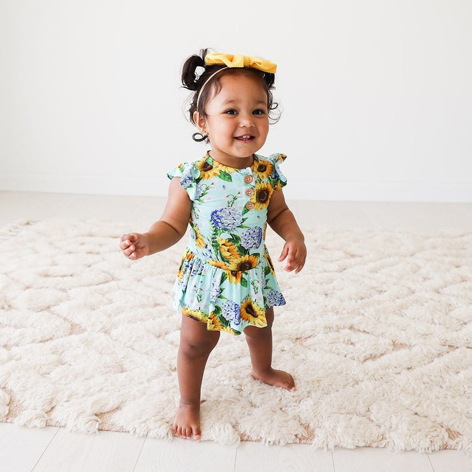 Sunny Ruffled Cap Sleeve Henley Twirl Skirt Bodysuit