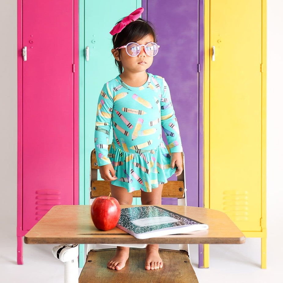 Toddler girl wearing Back to School Long Sleeve Twirl Skirt Bodysuit