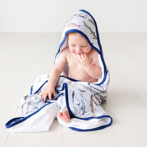 Baby in shark printed Maverick Hooded Towel