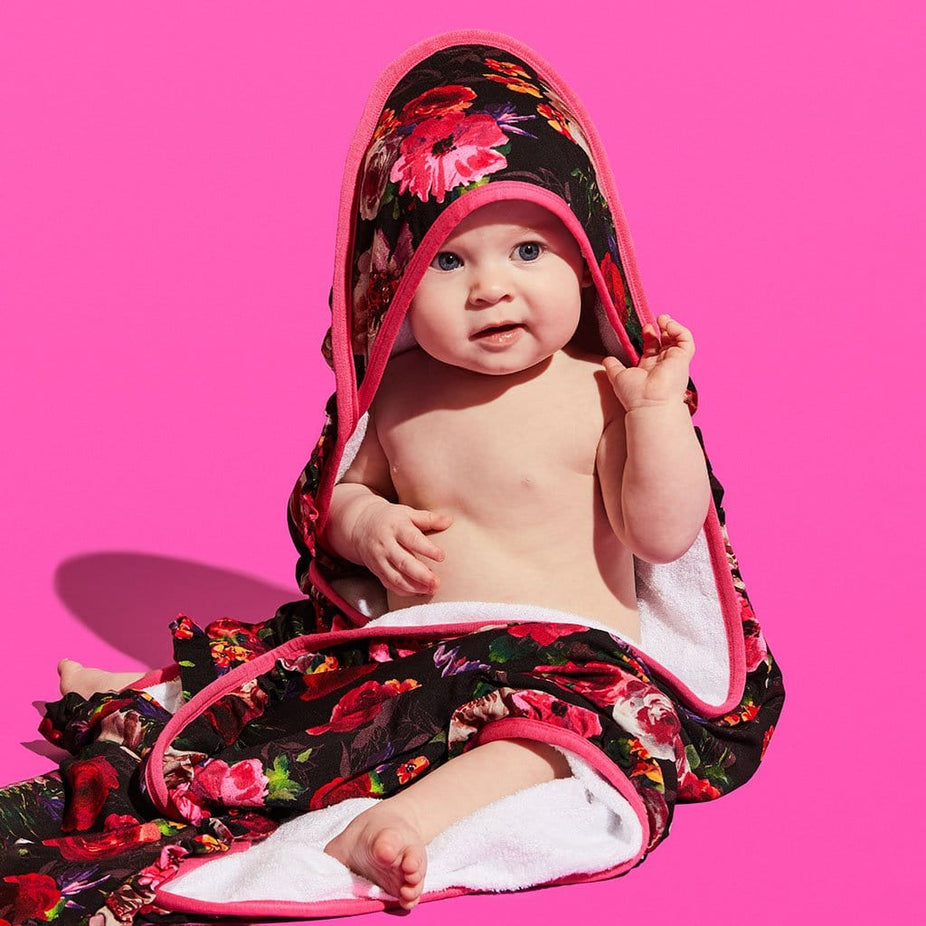 Baby in alice + olivia® Midnight Rose Ruffled Hooded Towel