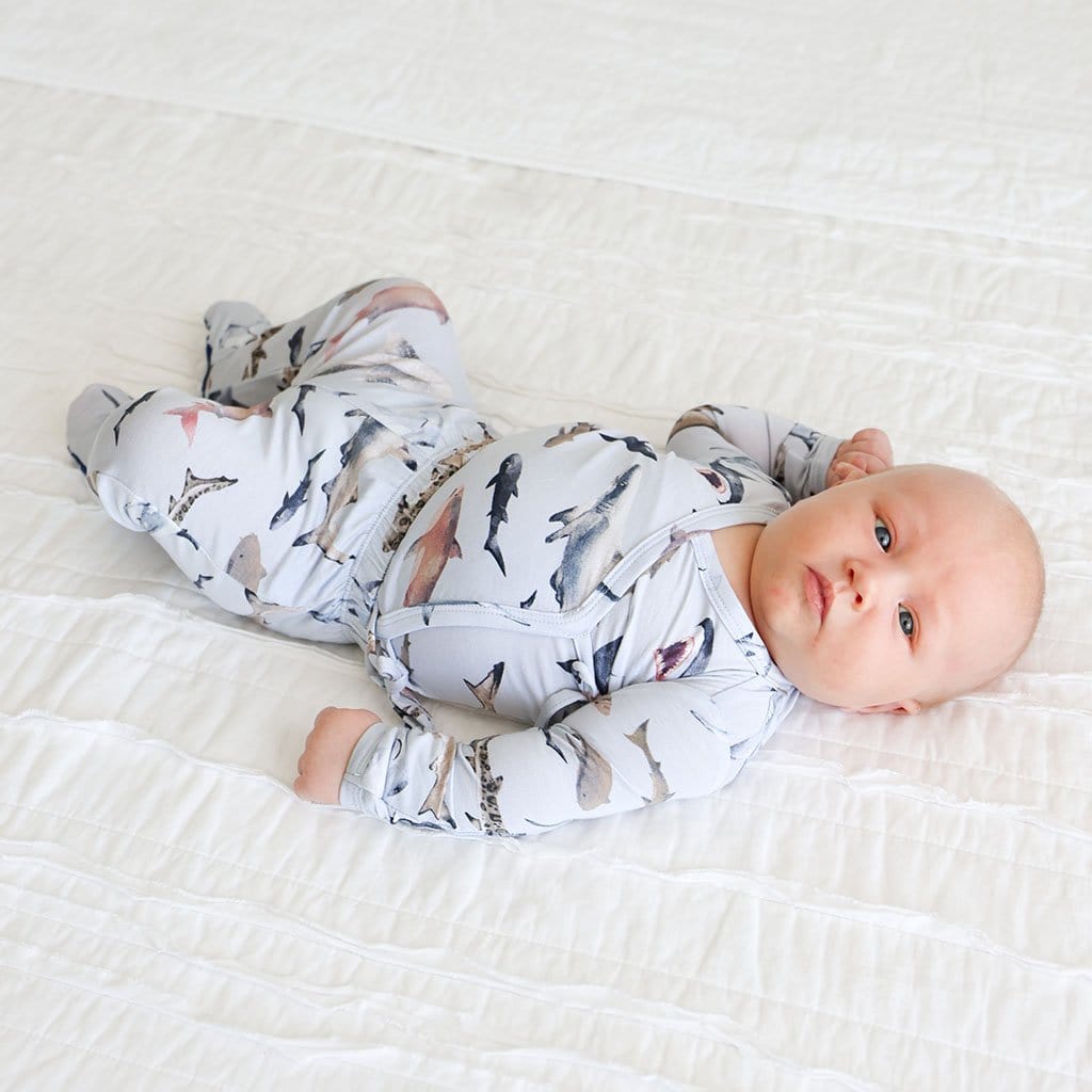 Baby wearing Maverick Tie-Front Kimono Set in shark print