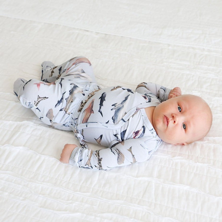 Baby wearing Maverick Tie-Front Kimono Set in shark print