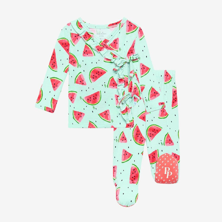 Mellony Ruffled Tie-Front Kimono Set in watermelon print