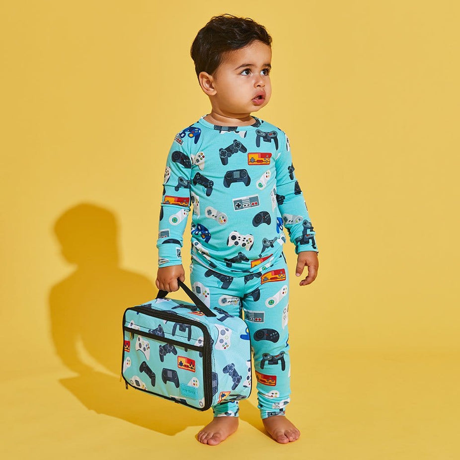 Toddler boy wearing Gamer Lunch Bag