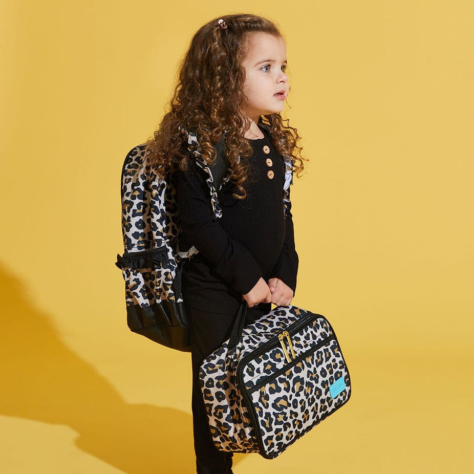 Toddler wearing Lana Leopard Tan Lunch Bag