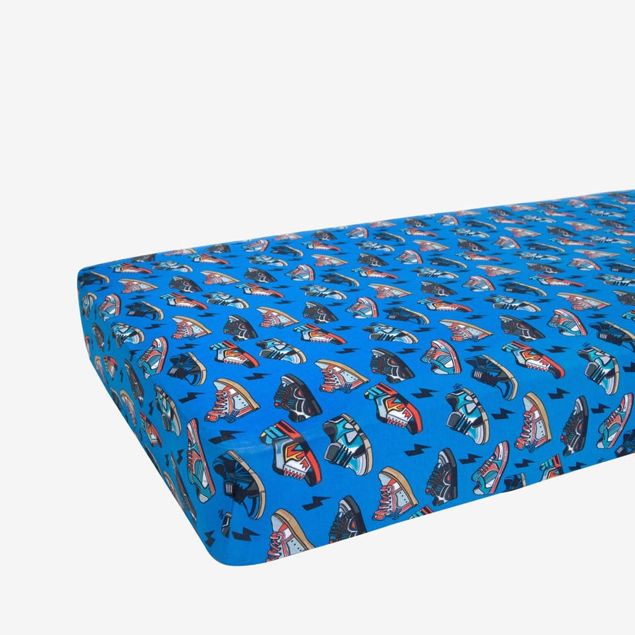 Bolt Crib Sheet in shoe prints