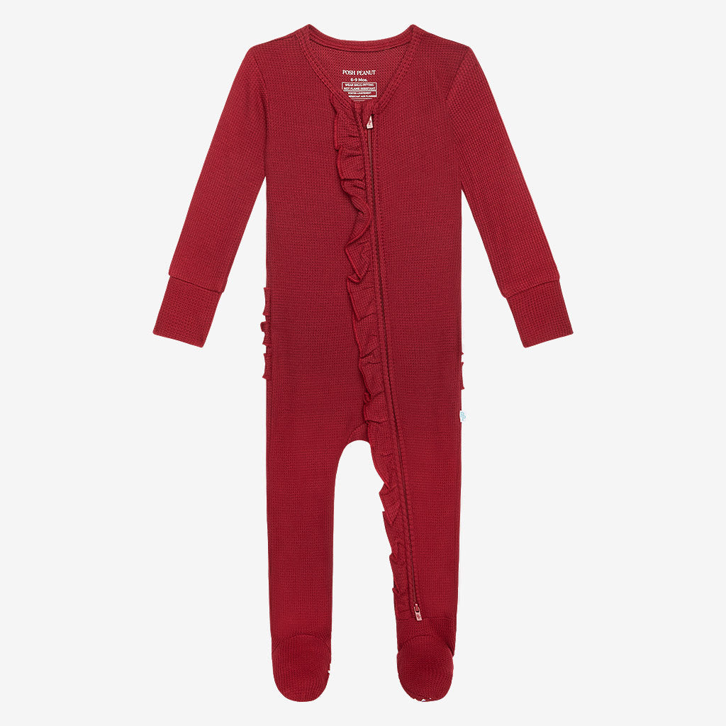 Bordeaux Waffle Footie Ruffled Zippered One Piece Headwrap Set