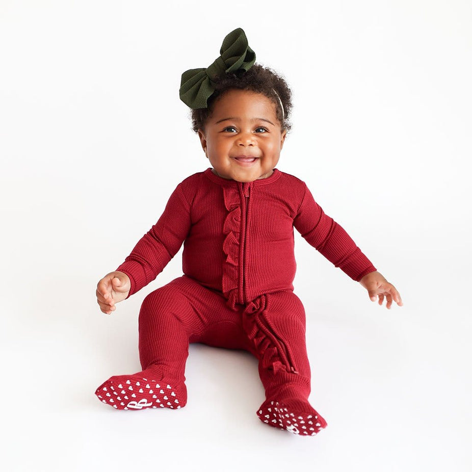 Bordeaux Waffle Footie Ruffled Zippered One Piece