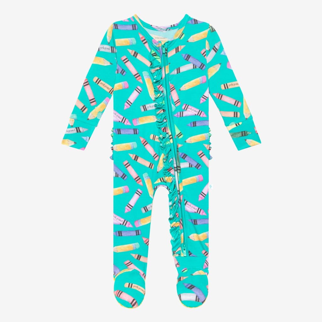 Back to School Footie Ruffled Zippered One Piece Front