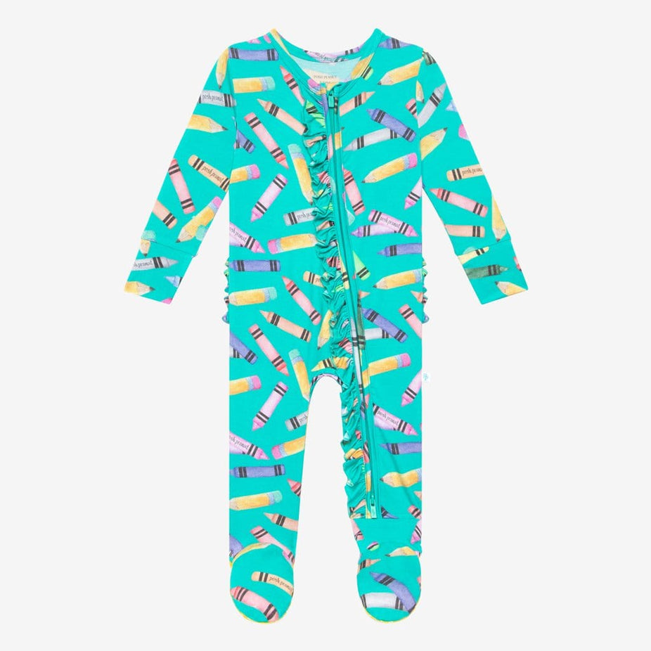 Back to School Footie Ruffled Zippered One Piece Front