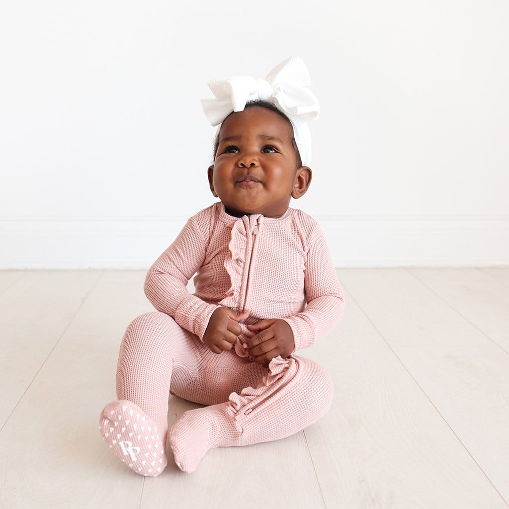 Desert Rose Waffle Footie Ruffled Zippered One Piece