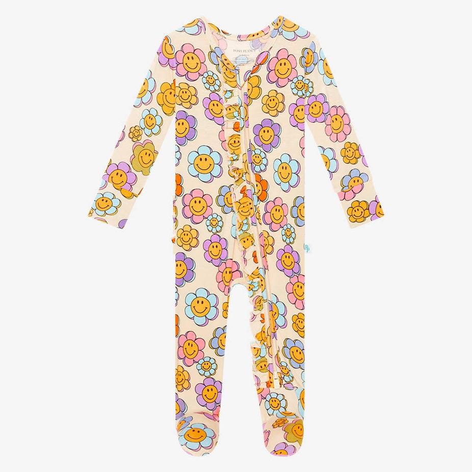 Flower Power Footie Ruffled Zippered One Piece